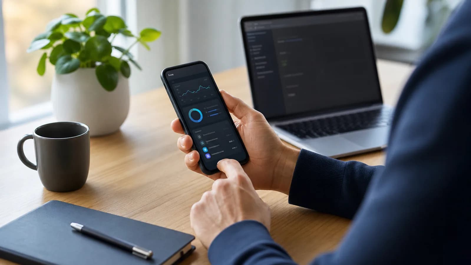 Person uten synlig ansikt som bruker en mobilapp ved siden av en laptop i et nordisk kontor