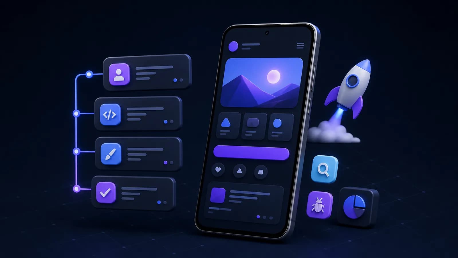 3D-render av Android-telefon med appgrensesnitt, prosjektkort og lanseringssymboler