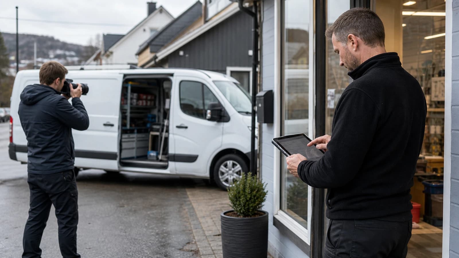 Fotograf tar nye bilder av lokal norsk servicebil og butikklokale for bedre Google Bedriftsprofil