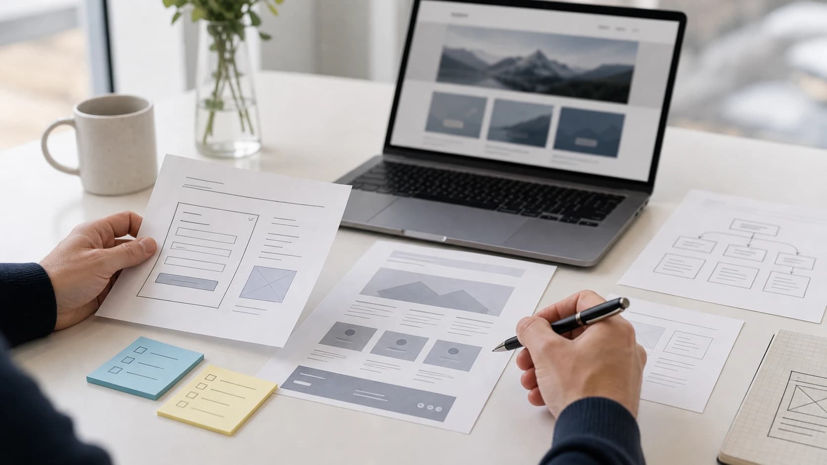 Hender som går gjennom wireframes, kontaktskjema og serviceark før ny nettside bygges