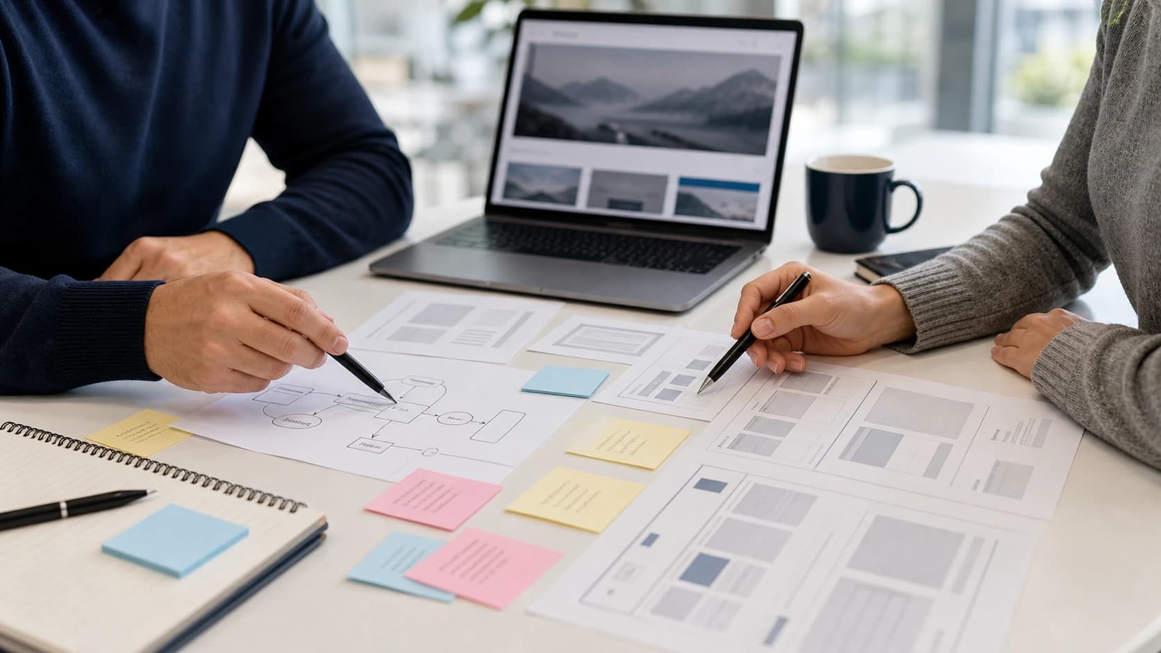 Nettsidestrategi med laptop, wireframes, notater og kundereise på møtebord