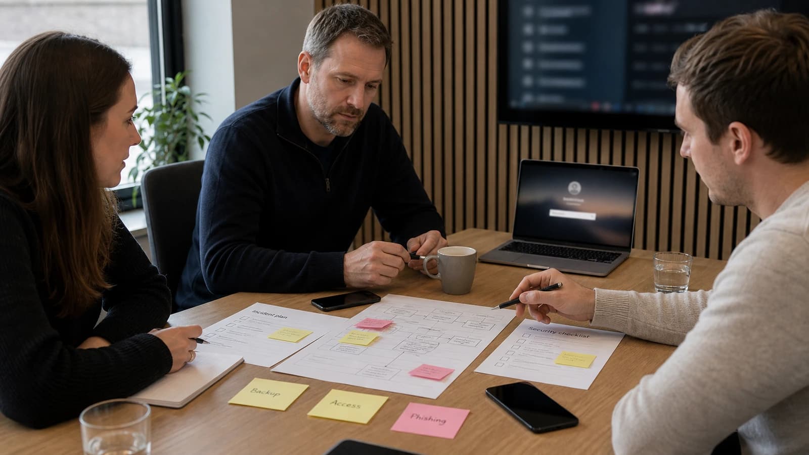 Lite team går gjennom beredskapsplan, backup og phishingrutiner i møterom