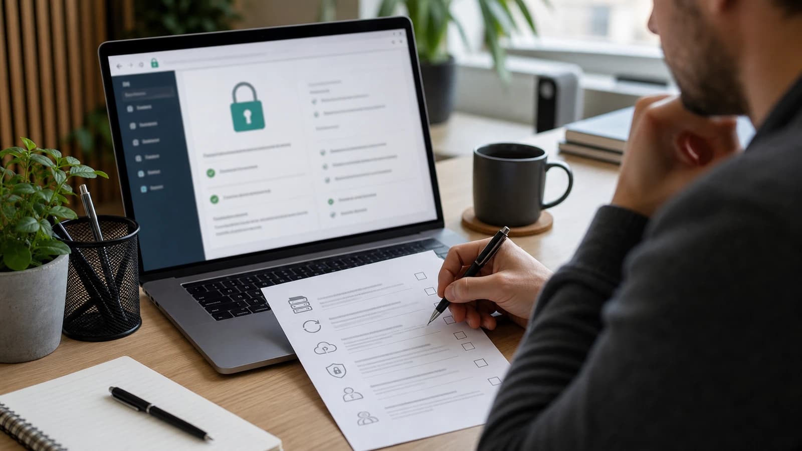 Utvikler går gjennom sikkerhetssjekkliste, backupstatus og nettleserlås på laptop