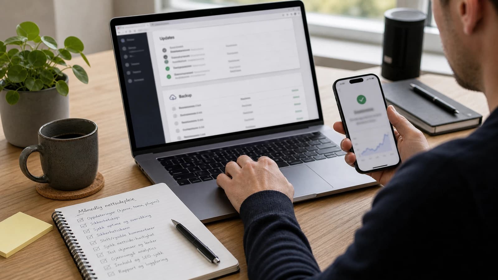 Laptop viser backupstatus og oppdateringslogg med mobilvarsel og månedlig nettsidesjekkliste