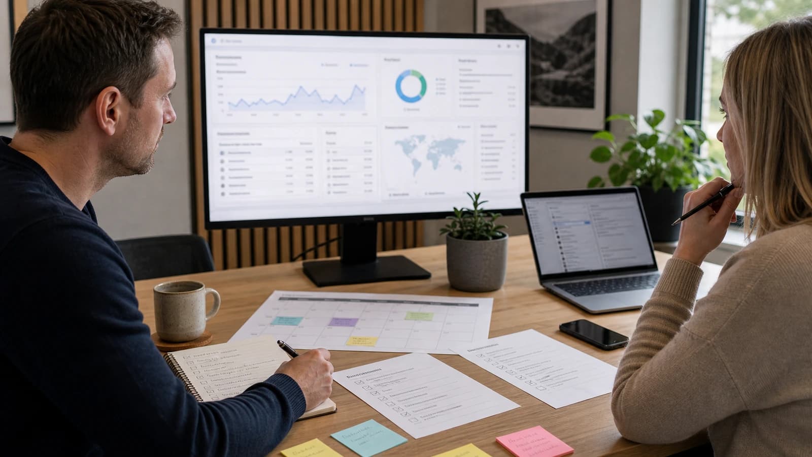 Månedlig nettsidereview med analytics, innholdskalender, sikkerhetssjekkliste og supportnotater