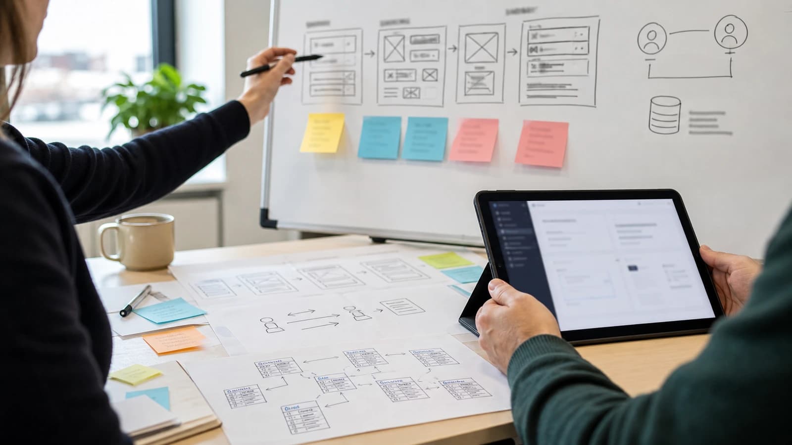 Whiteboard og bord med skisser av roller, datafelt og arbeidsflyt for et skreddersydd system