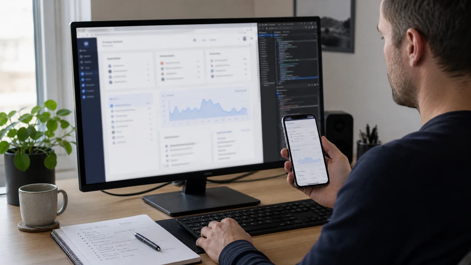 Utvikler tester et internt system på desktop og mobil før lansering