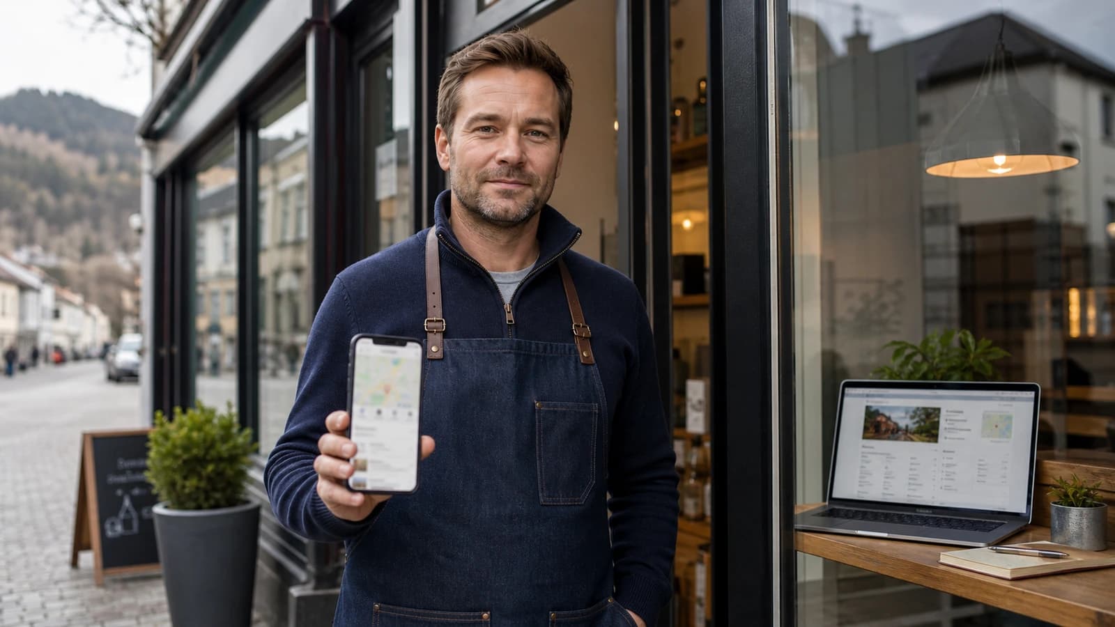 Lokal norsk bedriftseier sjekker kartoppføring og Google Bedriftsprofil på mobil