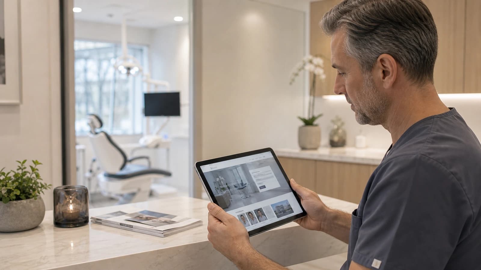 Tannlegeklinikk som vurderer ny nettside med behandlingsoversikt på laptop og mobil