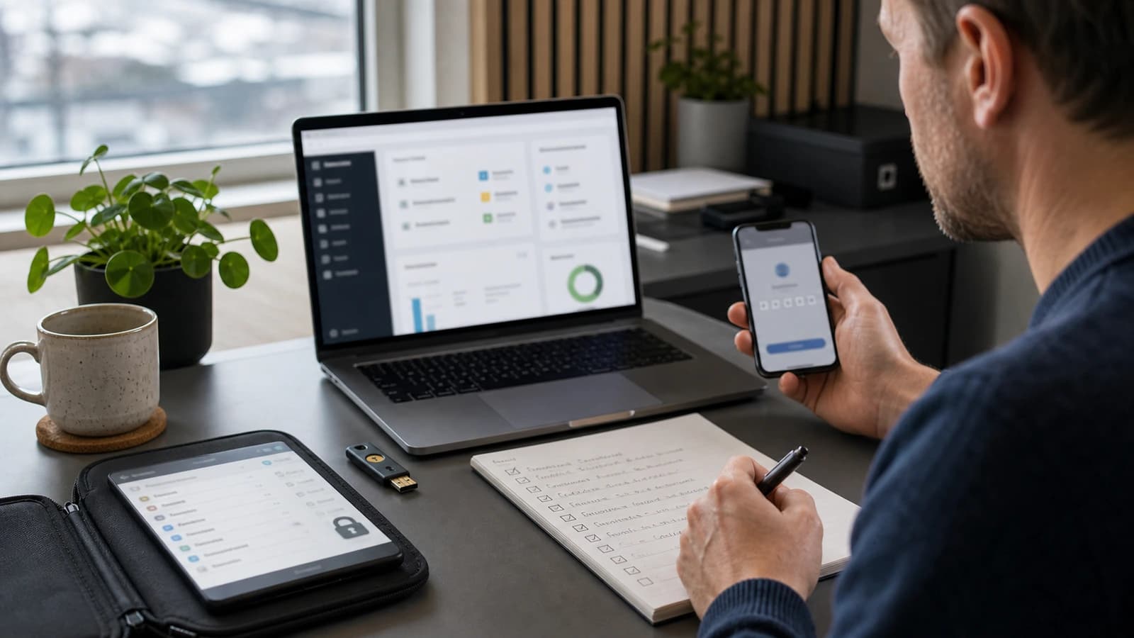 Laptop med sikkerhetsdashboard, autentisering og sjekkliste for nettsikkerhet i liten bedrift