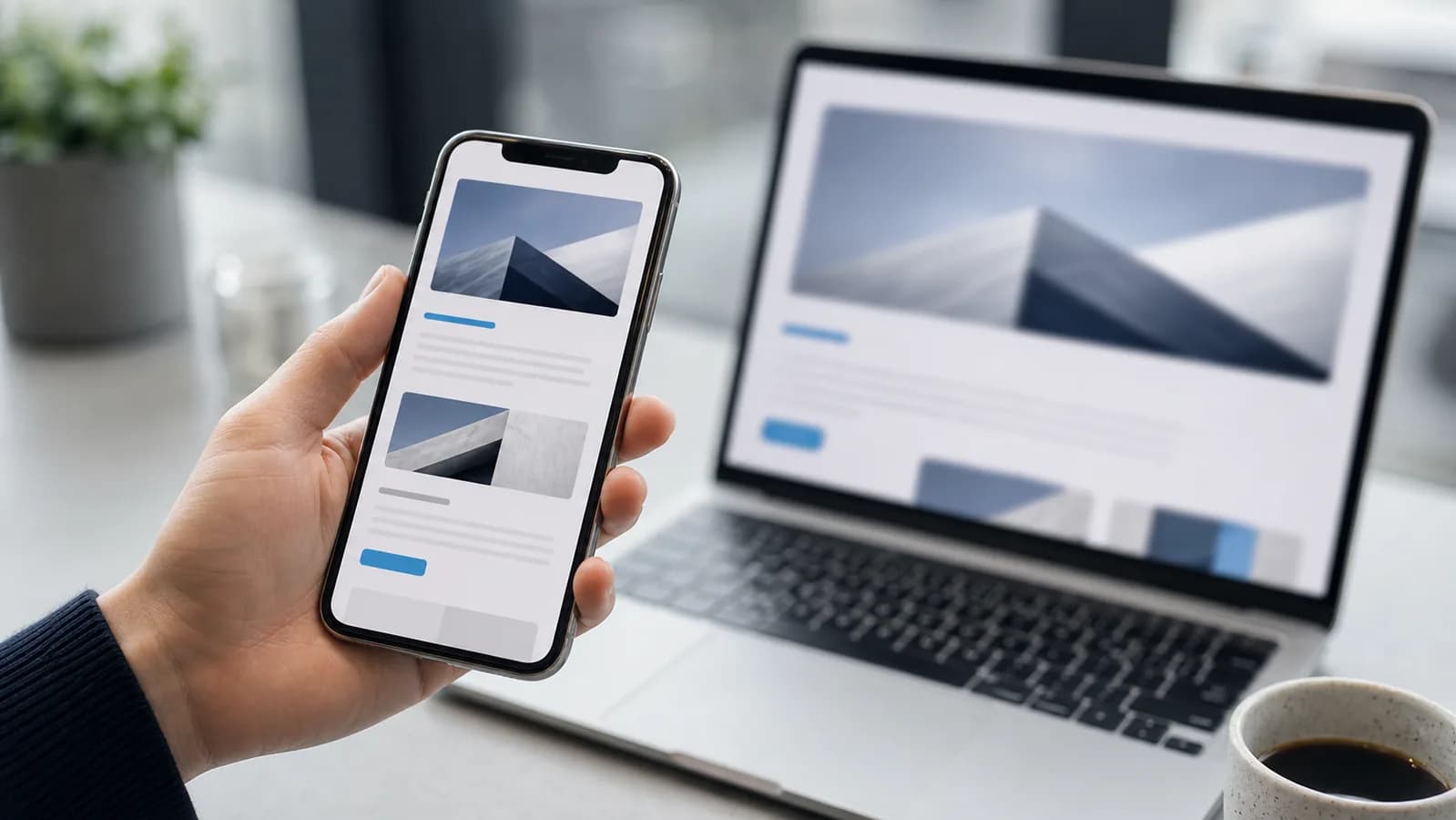 Hånd som holder en smarttelefon med mobilvennlig nettside og laptop i bakgrunnen