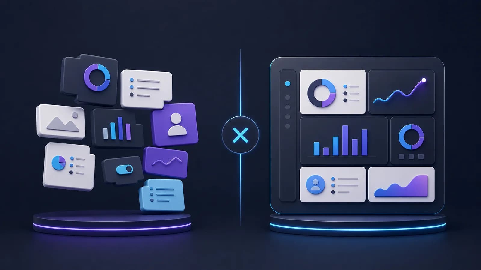 3D-diagram som sammenligner generiske programvarebokser med et modulært skreddersydd dashboard