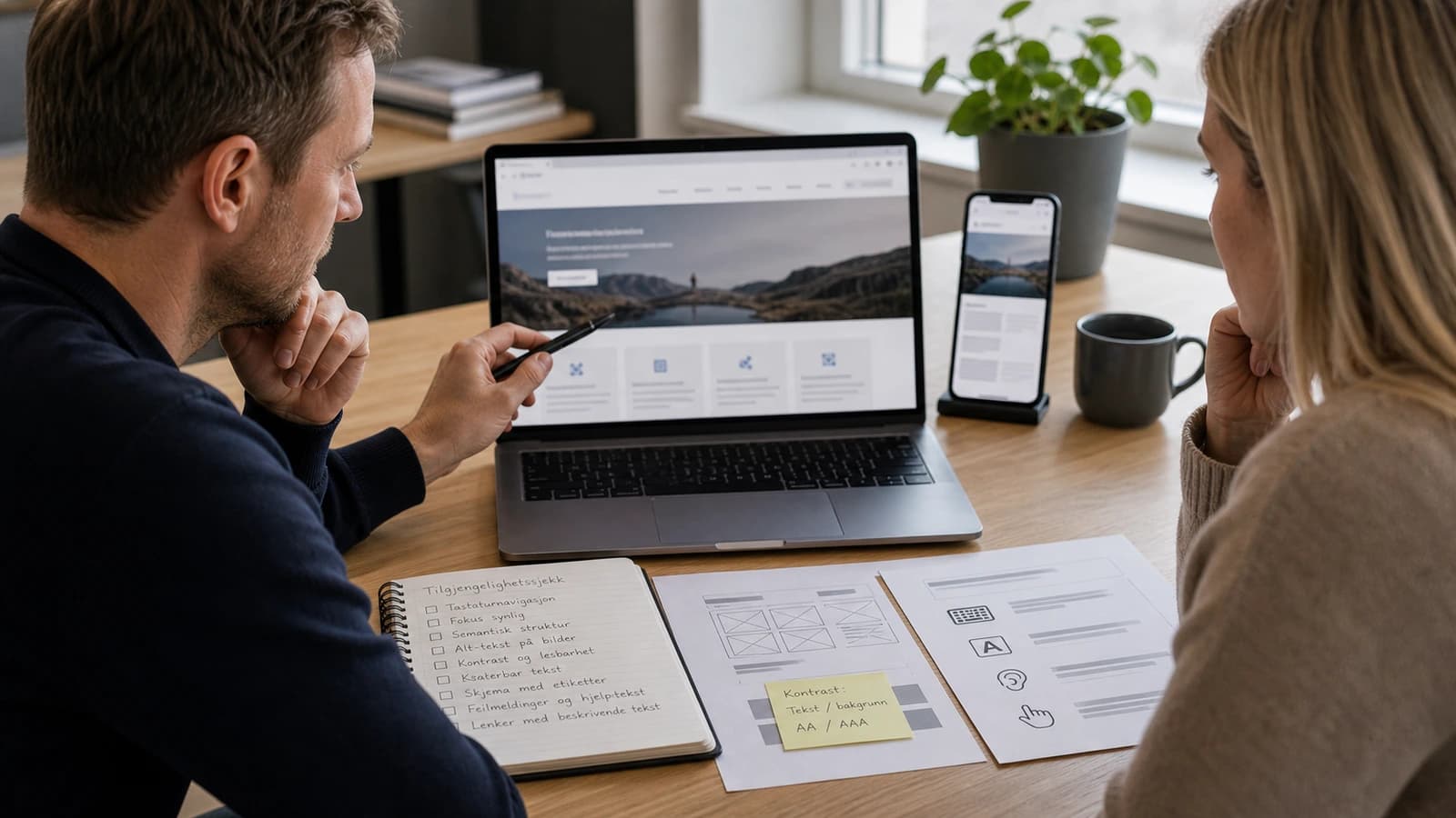 Utvikler og bedriftseier tester universell utforming av nettside med laptop, mobil og sjekkliste