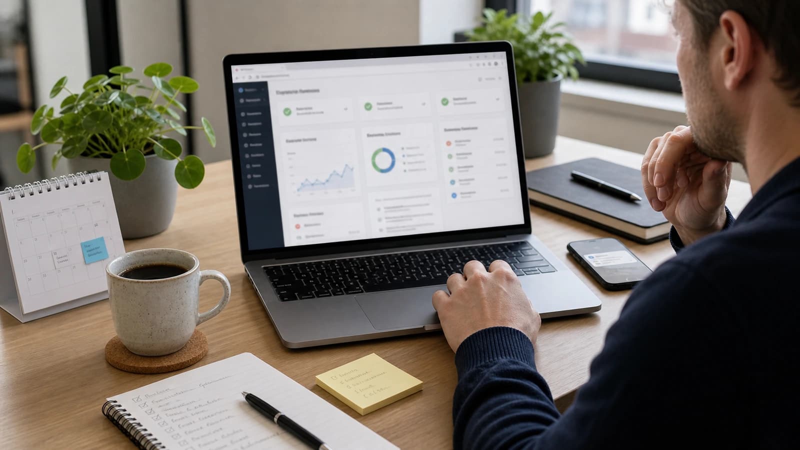 Utvikler overvåker nettsidedrift, backup, oppdateringer og sikkerhetsstatus på laptop
