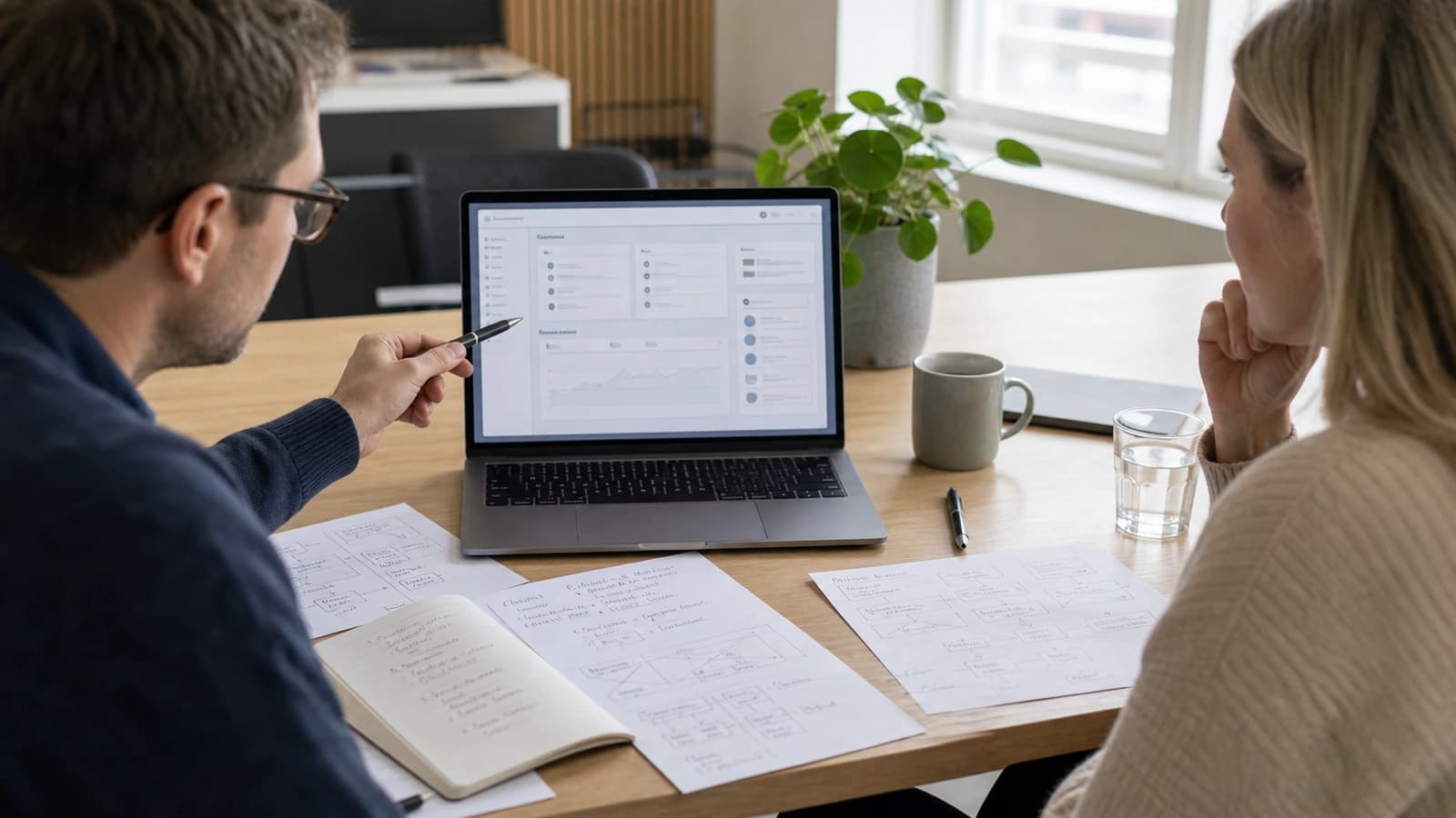 Utvikler og bedriftseier planlegger en skreddersydd webapplikasjon på laptop og papir