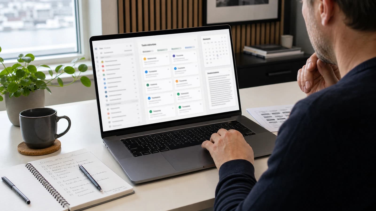 Bedriftseier vurderer AI-agent med oppgaver, godkjenninger og dokumentflyt på laptop