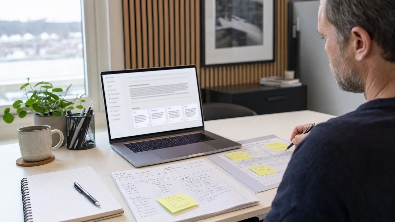 Norsk bedriftseier analyserer AI-svar og kildegrunnlag på laptop i et lyst kontor