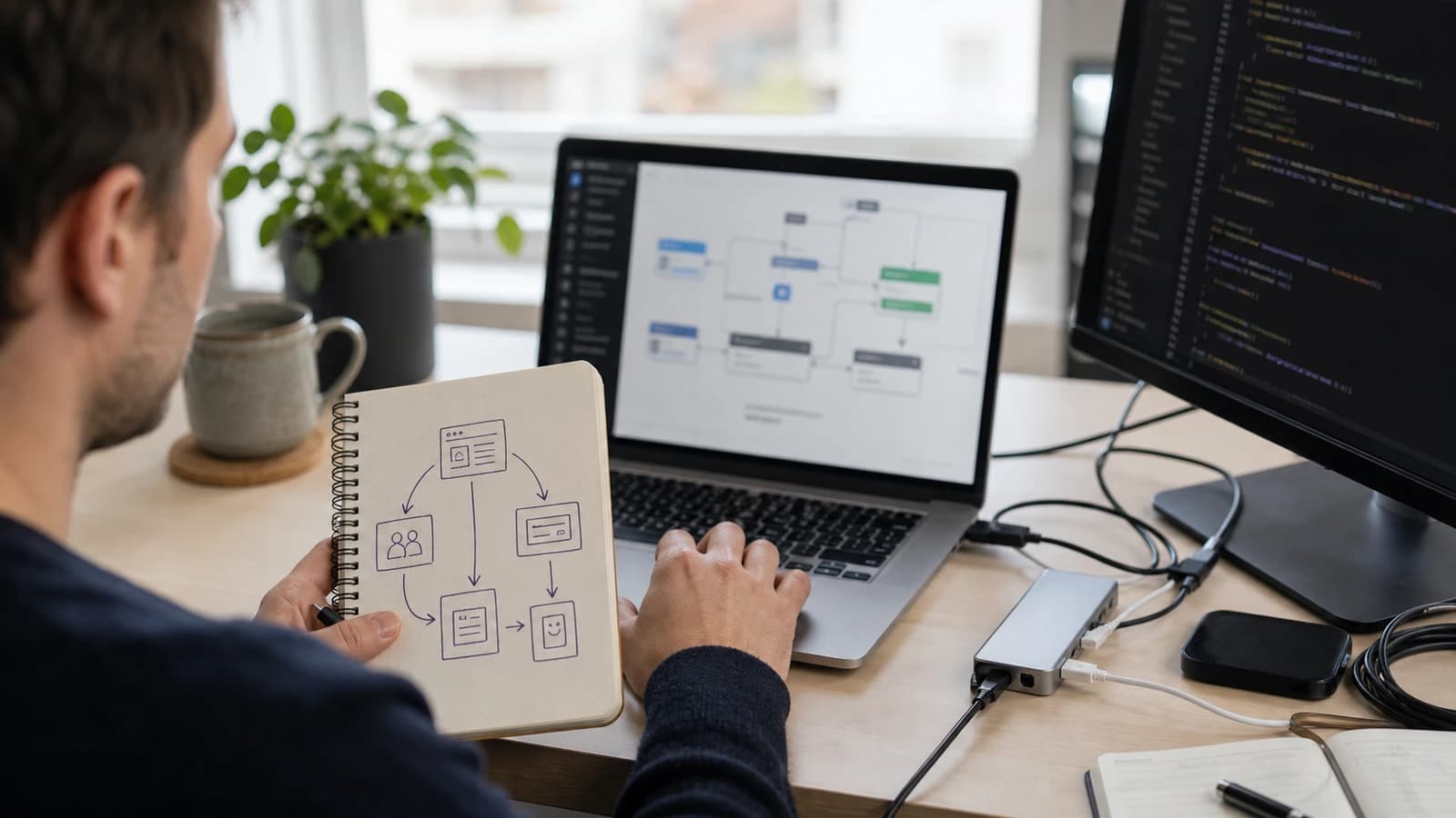 Utvikler planlegger API-integrasjon mellom nettside, CRM, betaling og regnskap på laptop