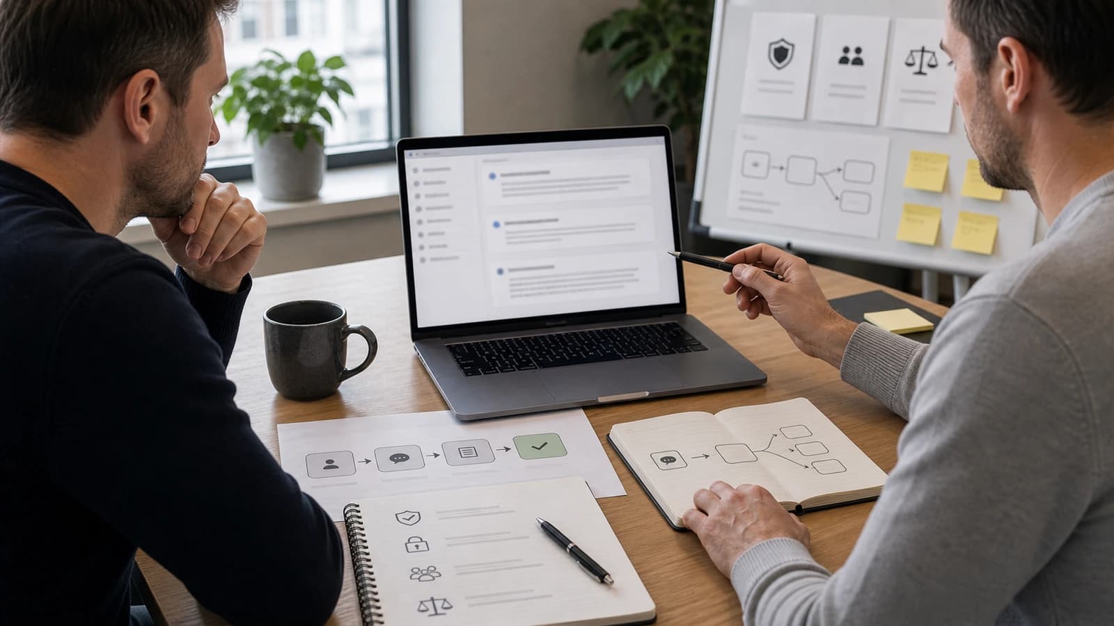 Norsk leder som planlegger trygg bruk av ChatGPT for bedrift med laptop og notater