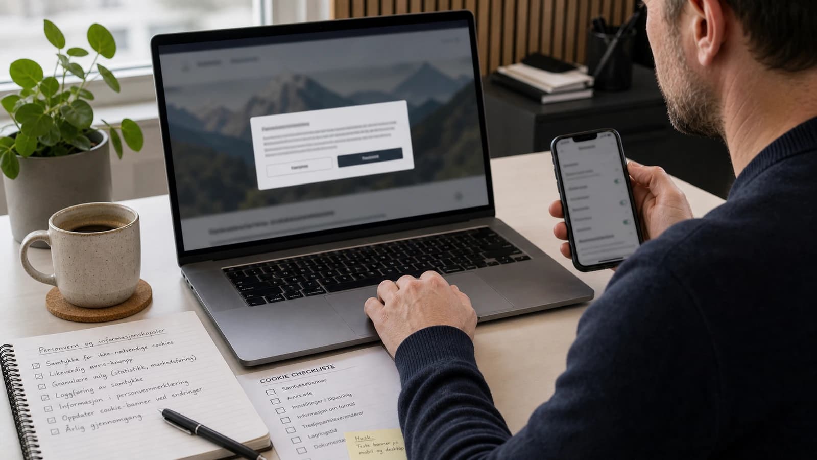 Bedriftseier vurderer cookie-samtykke på nettside med laptop, mobil og personvernnotater