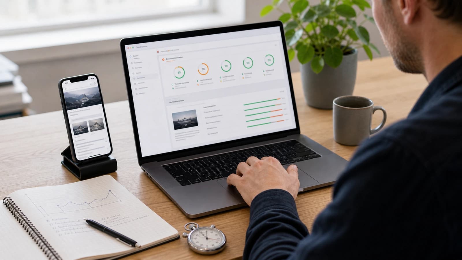 Utvikler måler Core Web Vitals og nettsideytelse på laptop og mobil