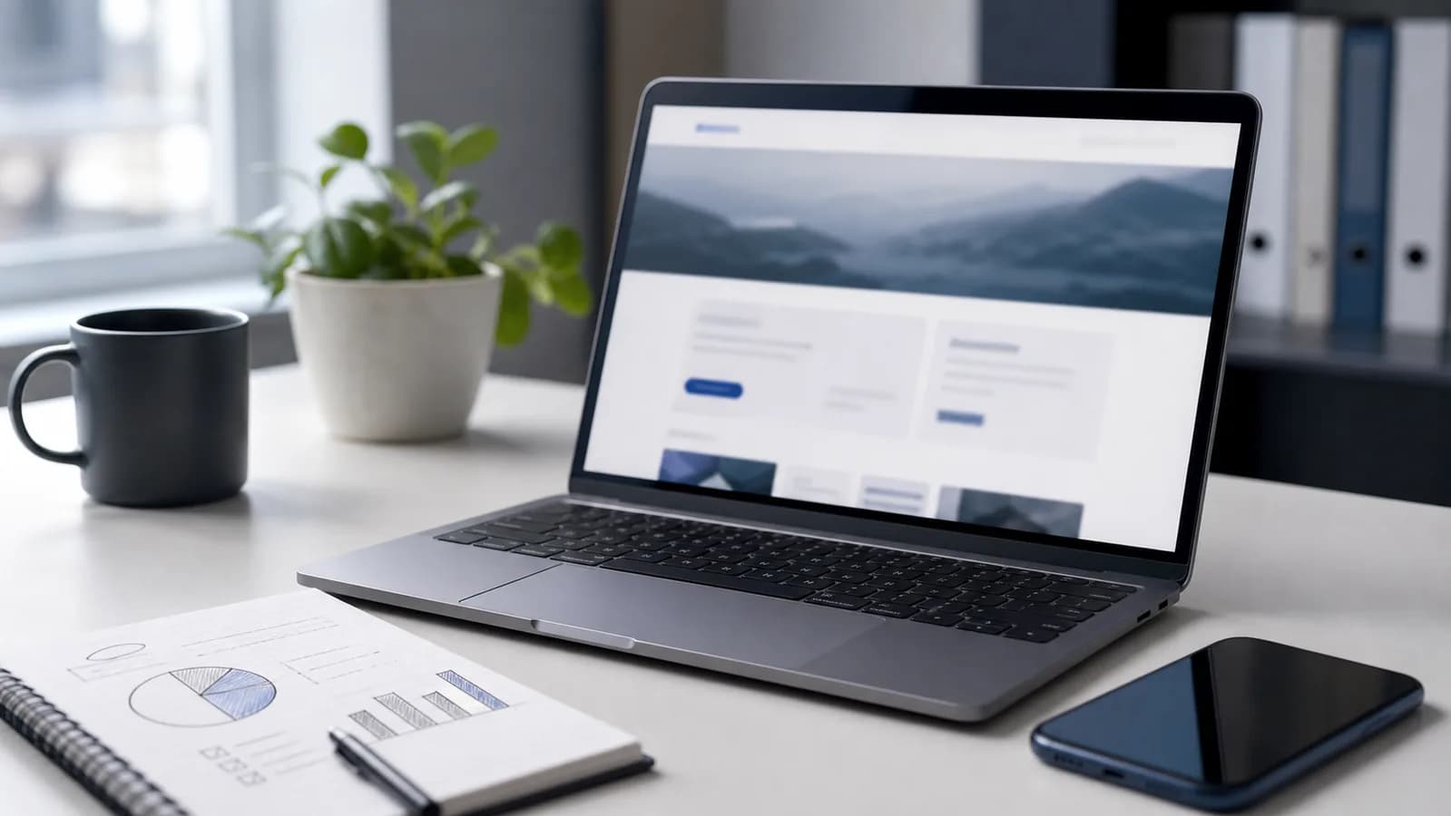 Nordisk kontorpult med laptop, notatbok og budsjettplan for hva en nettside koster