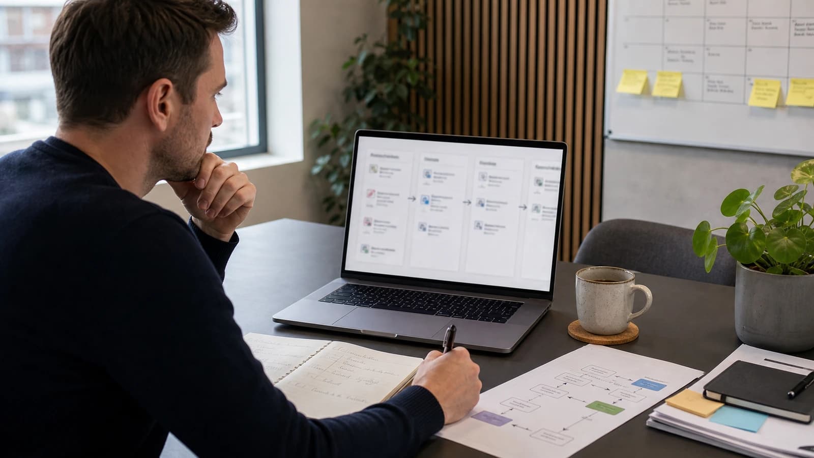 Driftsleder ser på AI-agent som organiserer e-post, dokumenter og CRM-oppgaver på skjerm