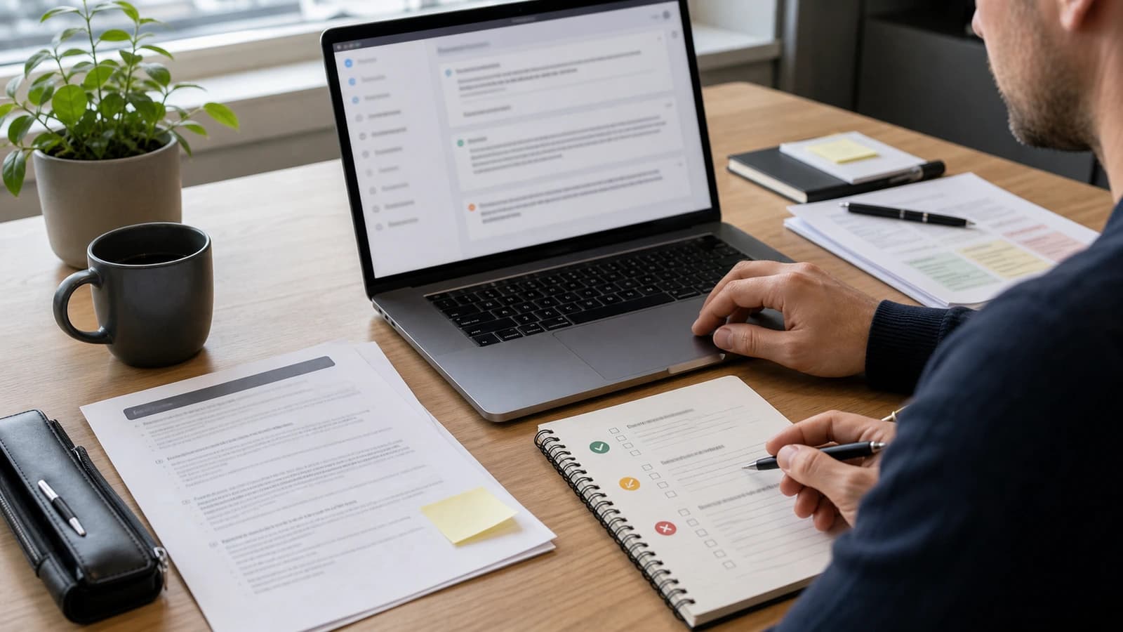 Hender godkjenner AI-genererte utkast med papirer, laptop og sjekkliste for menneskelig kontroll