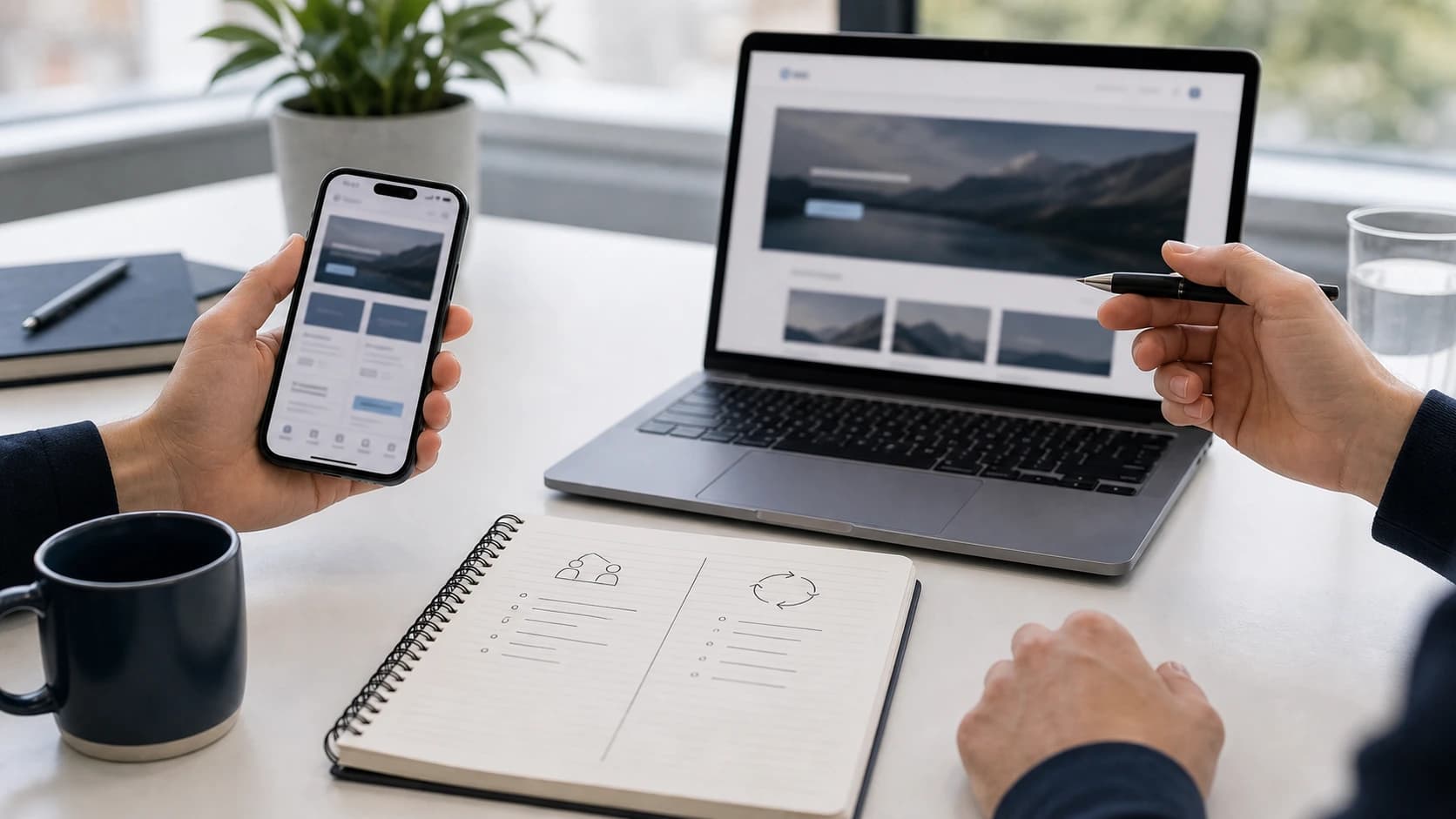 Smarttelefon, laptop og notatbok brukt til å velge mellom app og nettside