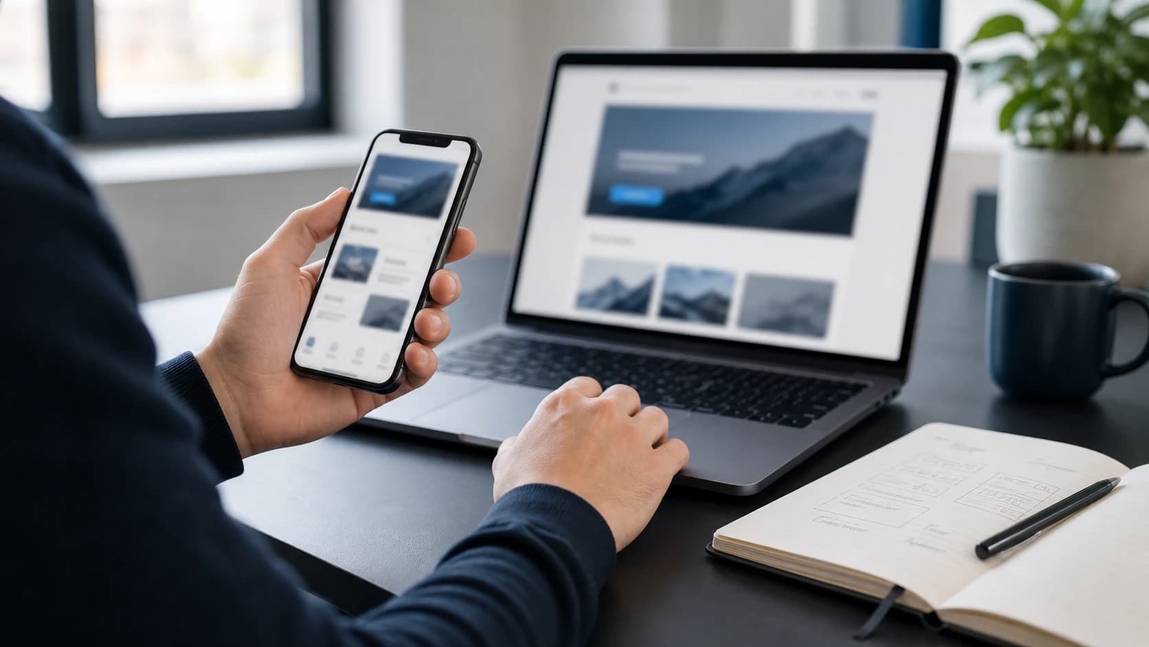 Bedriftseier sammenligner mobilapp p? telefon med nettside p? laptop
