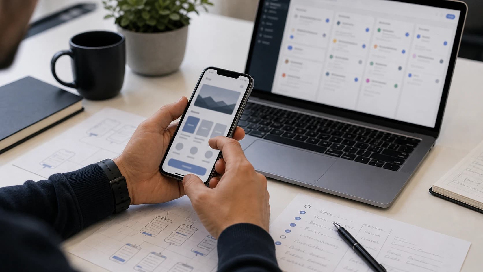 Utvikler tester app-prototype på mobil ved siden av laptop og testnotater