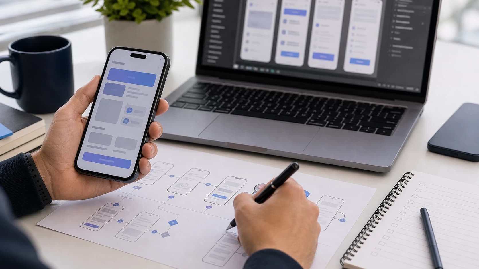 App-prototype, brukerflytark og laptop brukt til ? planlegge apputvikling