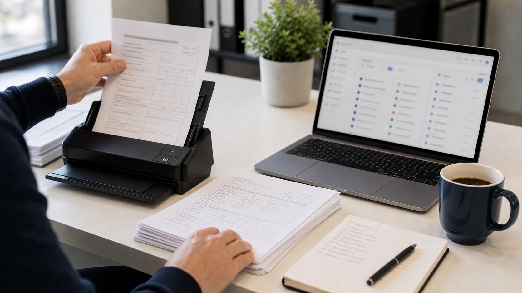 Ansatt skanner papirskjema inn i et digitalt arbeidsflytsystem på laptop