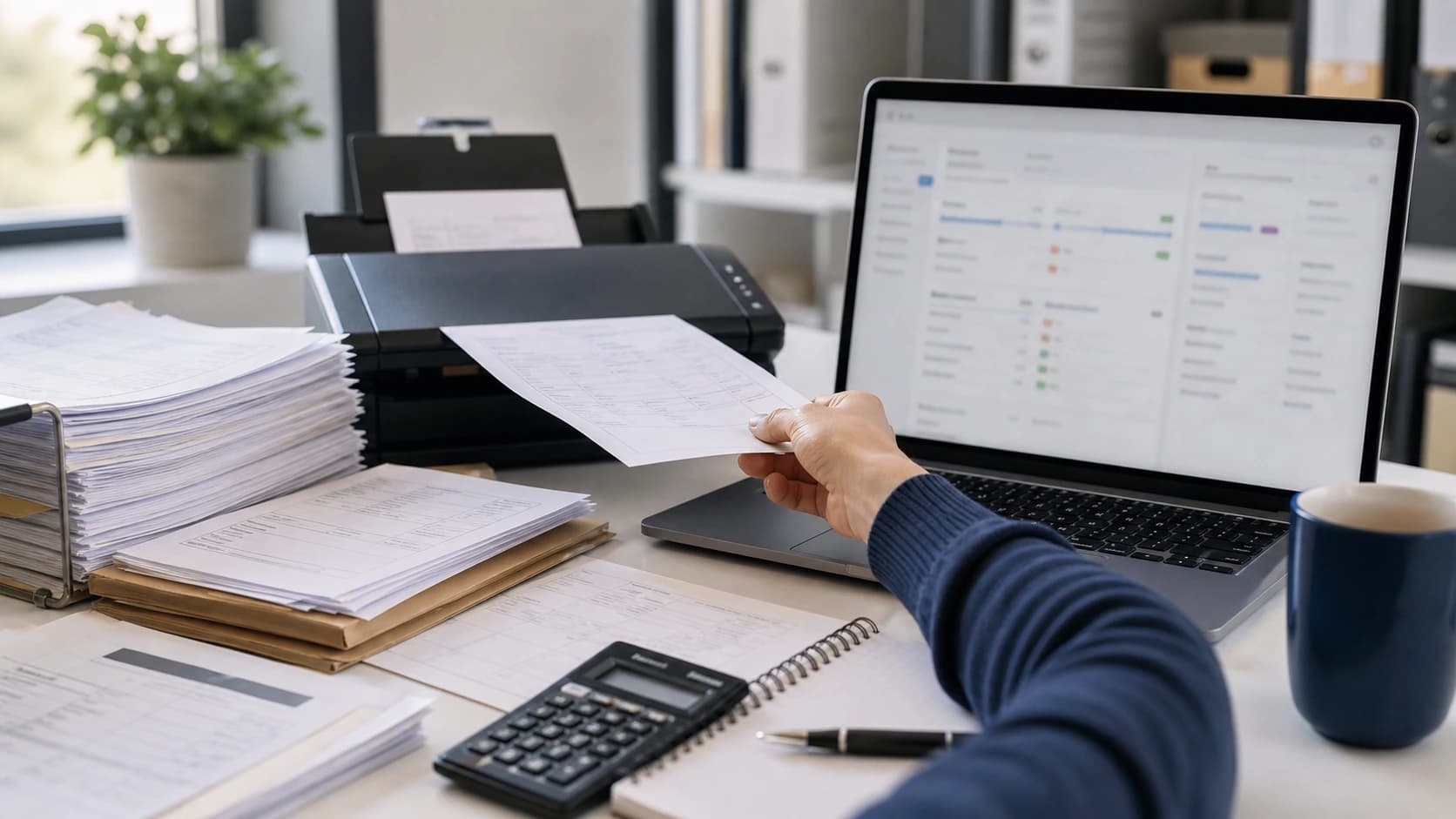 Papirskjemaer og laptop med arbeidsflyt brukt til ? planlegge automatisering