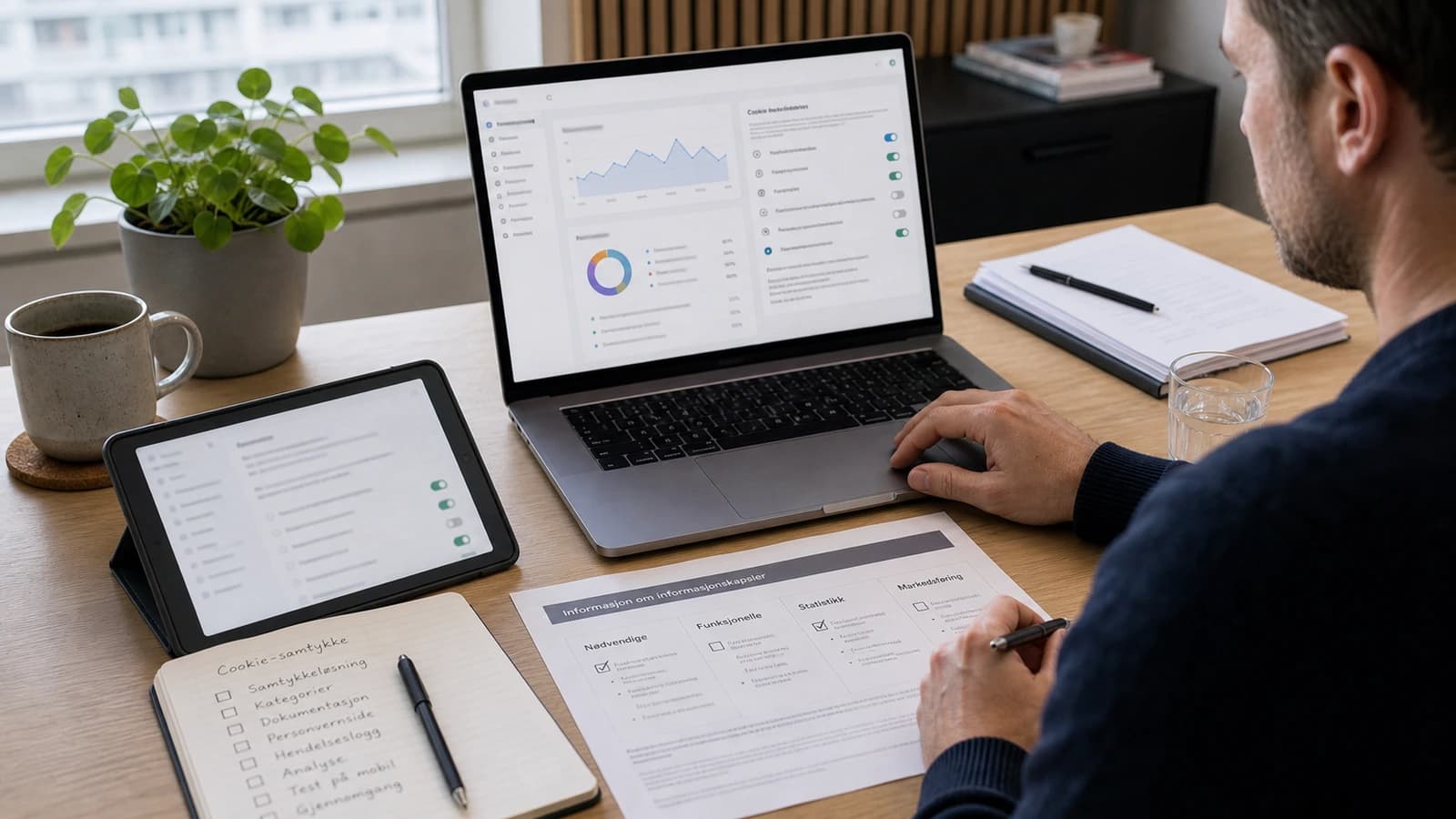 Bedriftseier vurderer cookie-kategorier, analyseoppsett og personvernsjekkliste på laptop