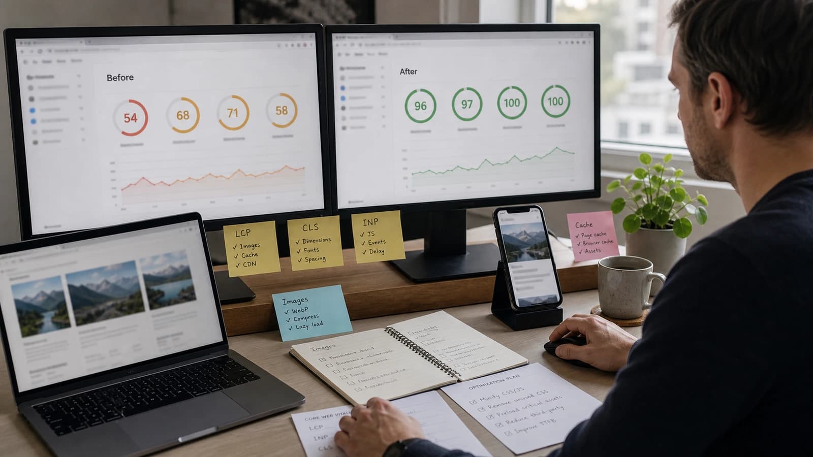 Utvikler optimaliserer bilder, kode og mobilvisning for bedre ytelsesmålinger