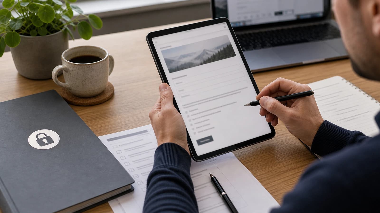 Hender vurderer kontaktskjema og personverntekst på nettbrett med GDPR-sjekkliste