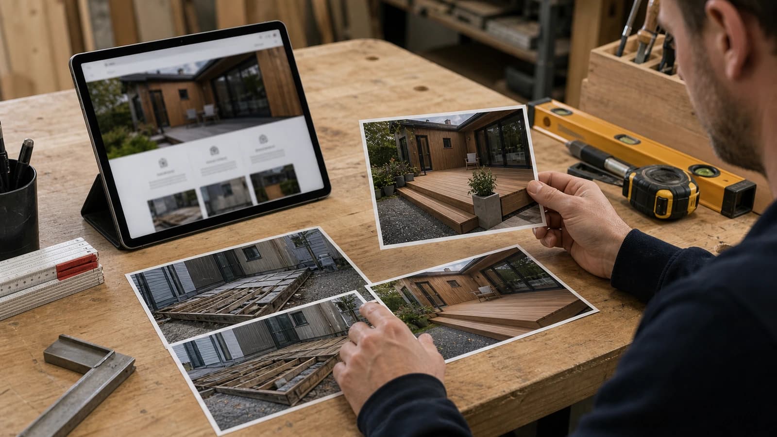 Håndverker som velger bilder og innhold til nettside på laptop