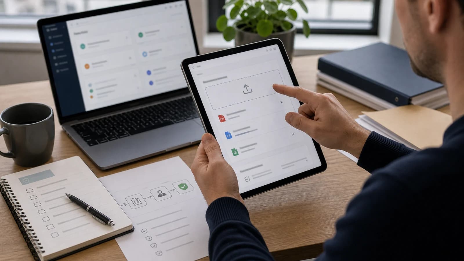 Kunde laster opp dokumenter i kundeportal for bedrift med synlig status