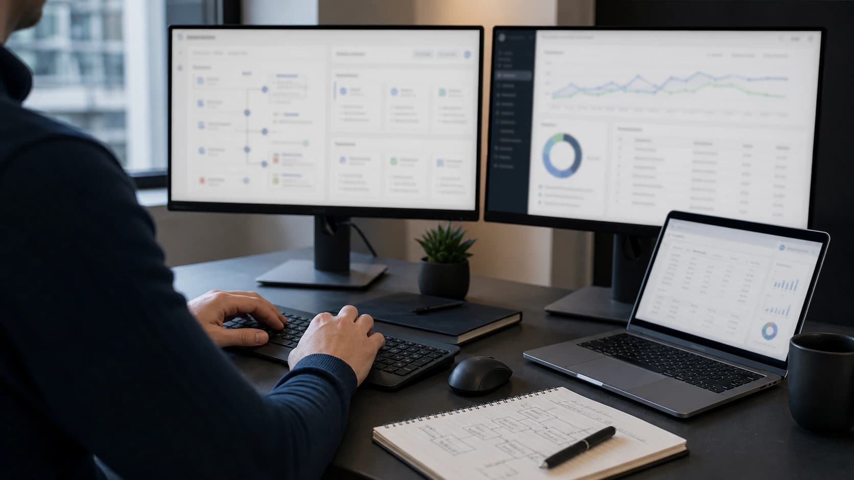 Utvikler jobber ved flere skjermer med dashboards og notatbok for systemintegrasjoner