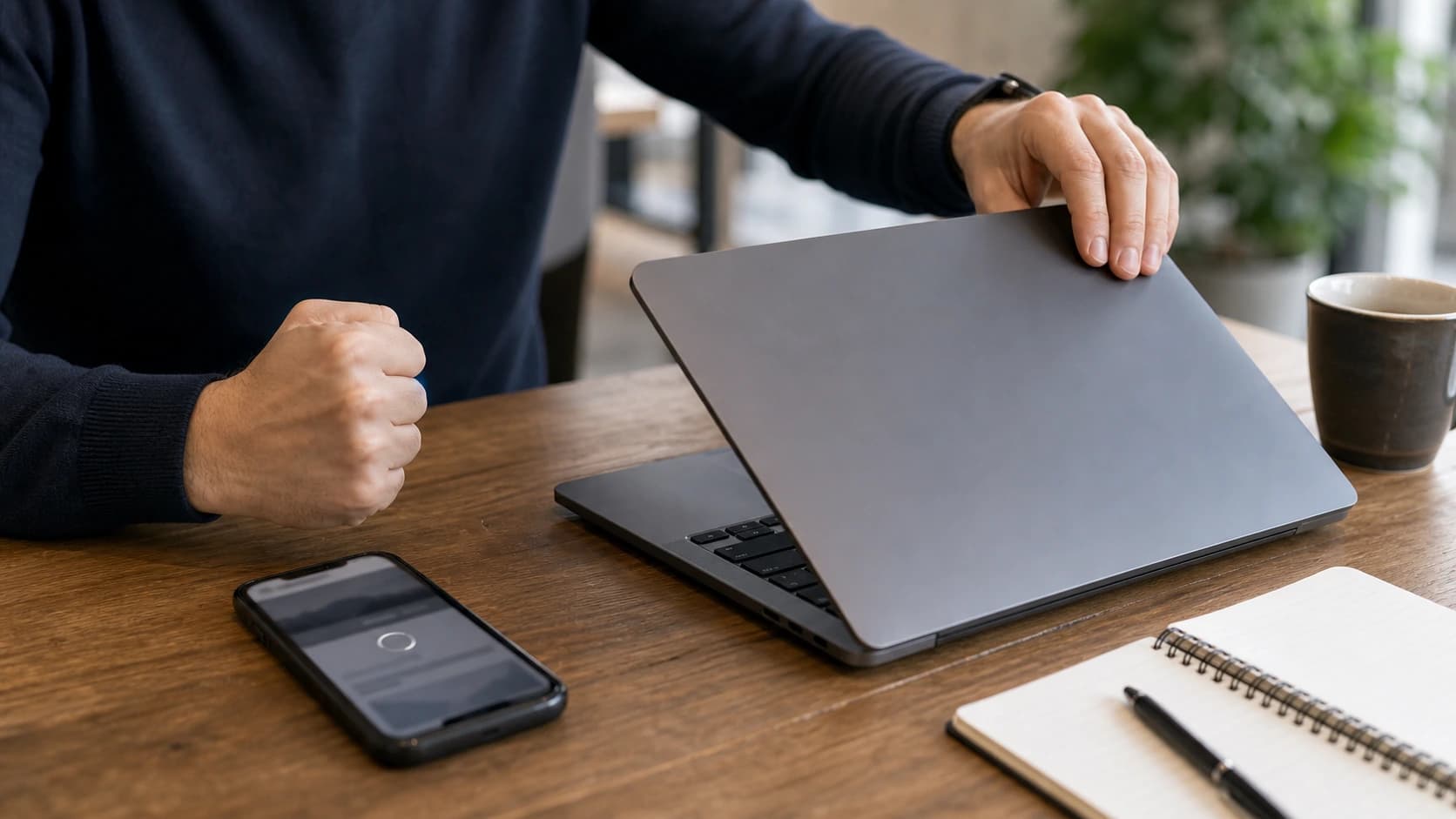 Person som lukker laptop mens en treg nettside laster på mobilen ved siden av
