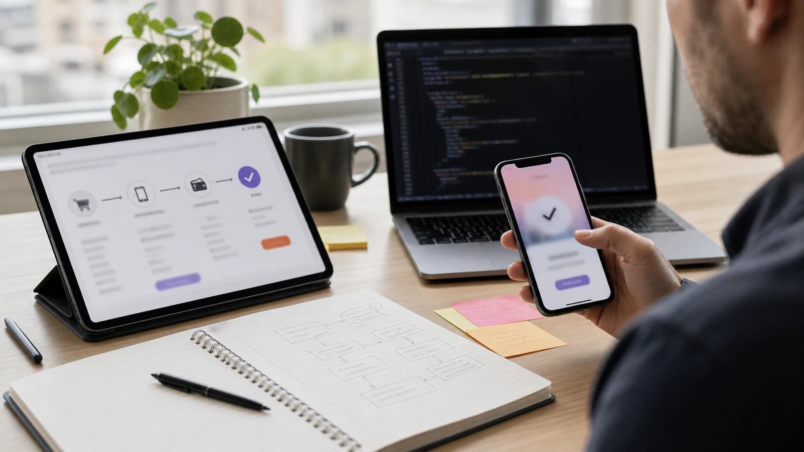Telefon og nettbrett tester en betalingsflyt med API-notater og laptop på skrivebord