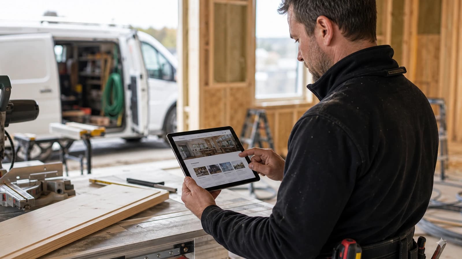 Byggmester som ser på nettside for håndverker med prosjektbilder på mobil